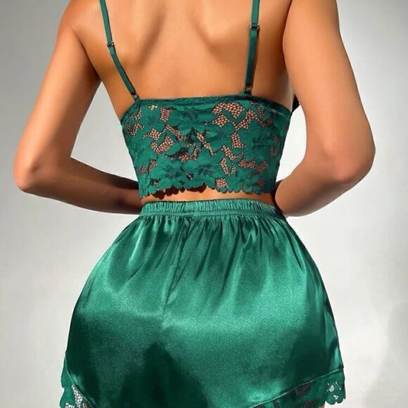 Sexy Satin Lace Cami Shorts Green Lingerie Set - Picture 6 of 9